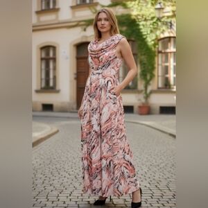 Mr Max Pink Black & White Print Maxi Dress With Matching Wrap Scarf In Large